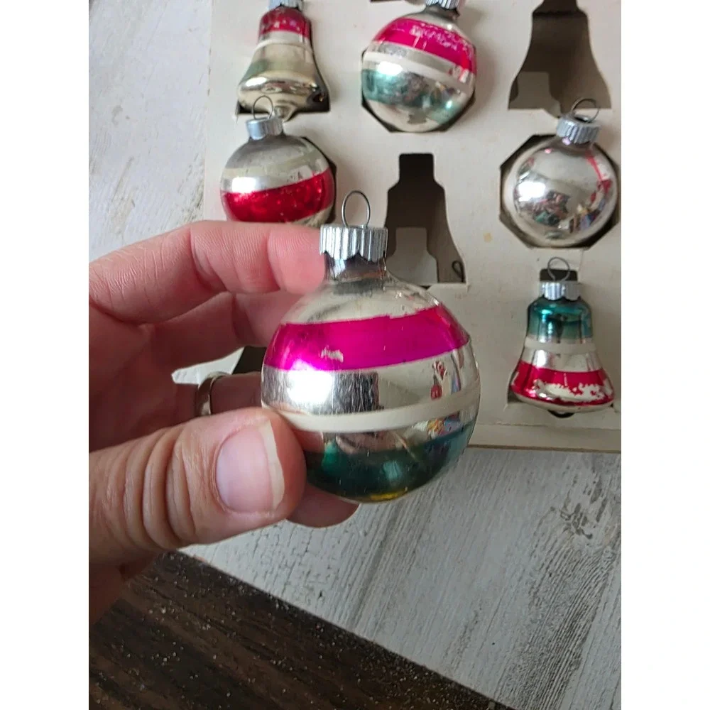Vintage shiny Brite ornament set Bell striped pink green red box Xmas tree